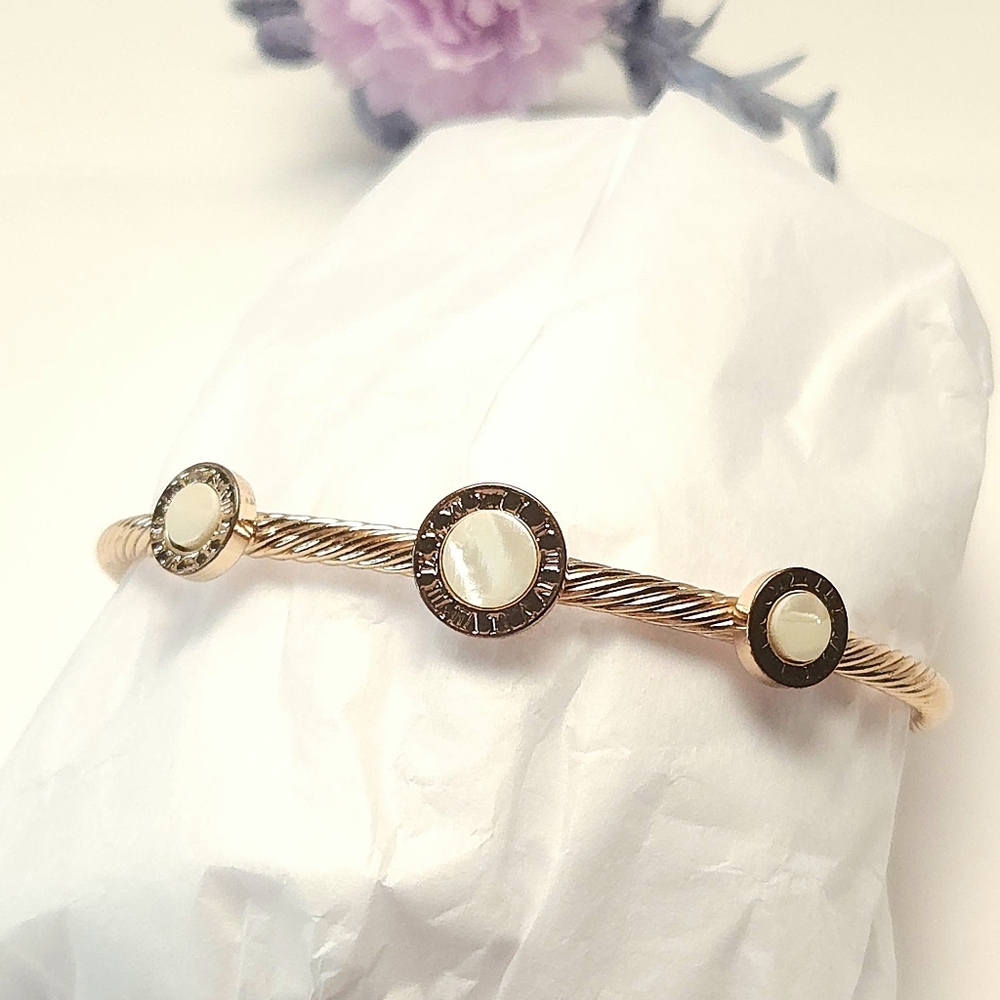 Gold Plated Roman Letters & Mother of Pearl Rope Cuff Bracelet Roman Numerals